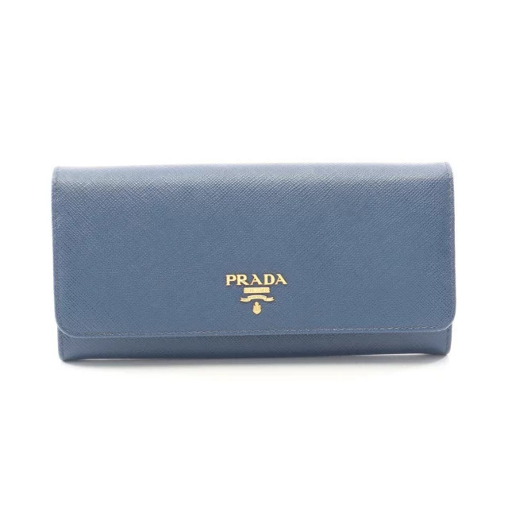 Prada SAFFIANO METAL Bi fold Long Wallet Leather Blue